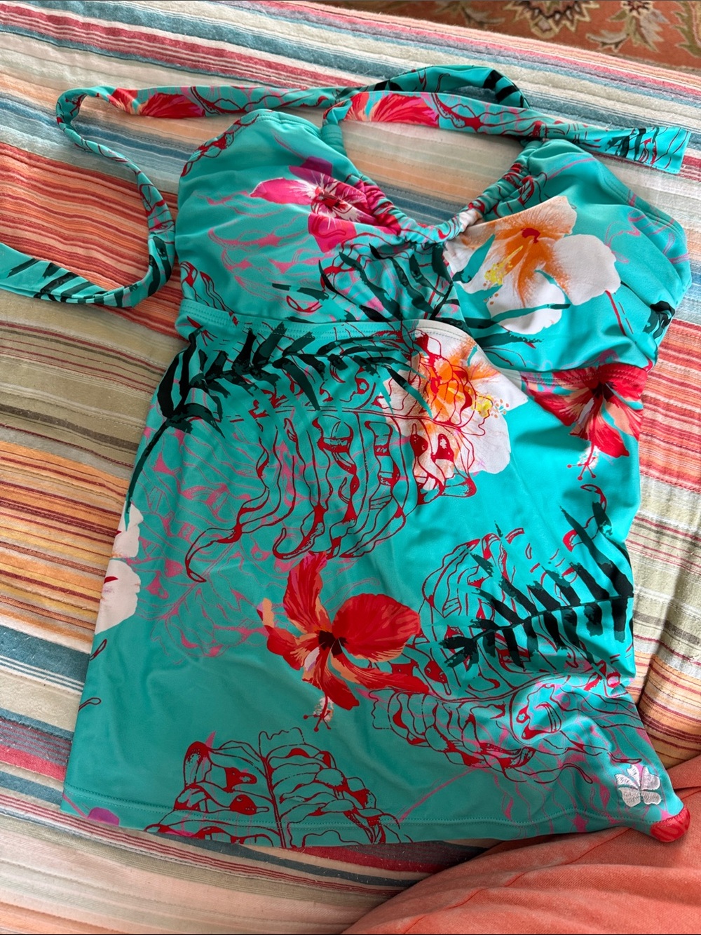Hapari Turquoise Floral Tankini Top with Red, White & Yellow Accents
